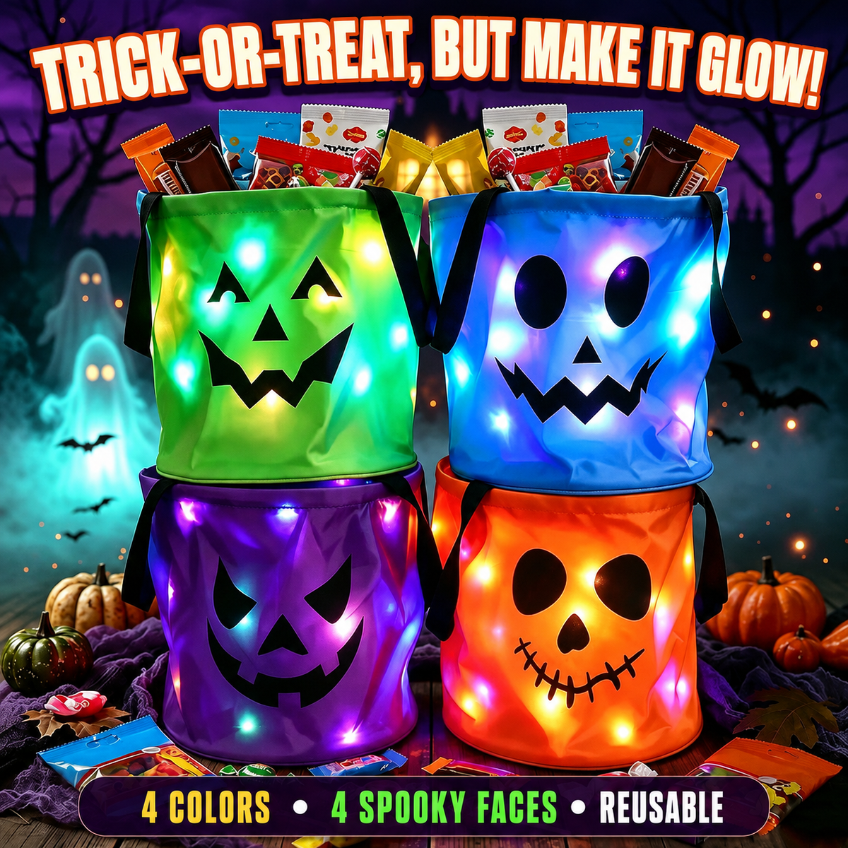 BVJ® LED Light-Up Halloween Pumpkin Candy Buckets – Reusable Trick-or-Treat Bags🎃