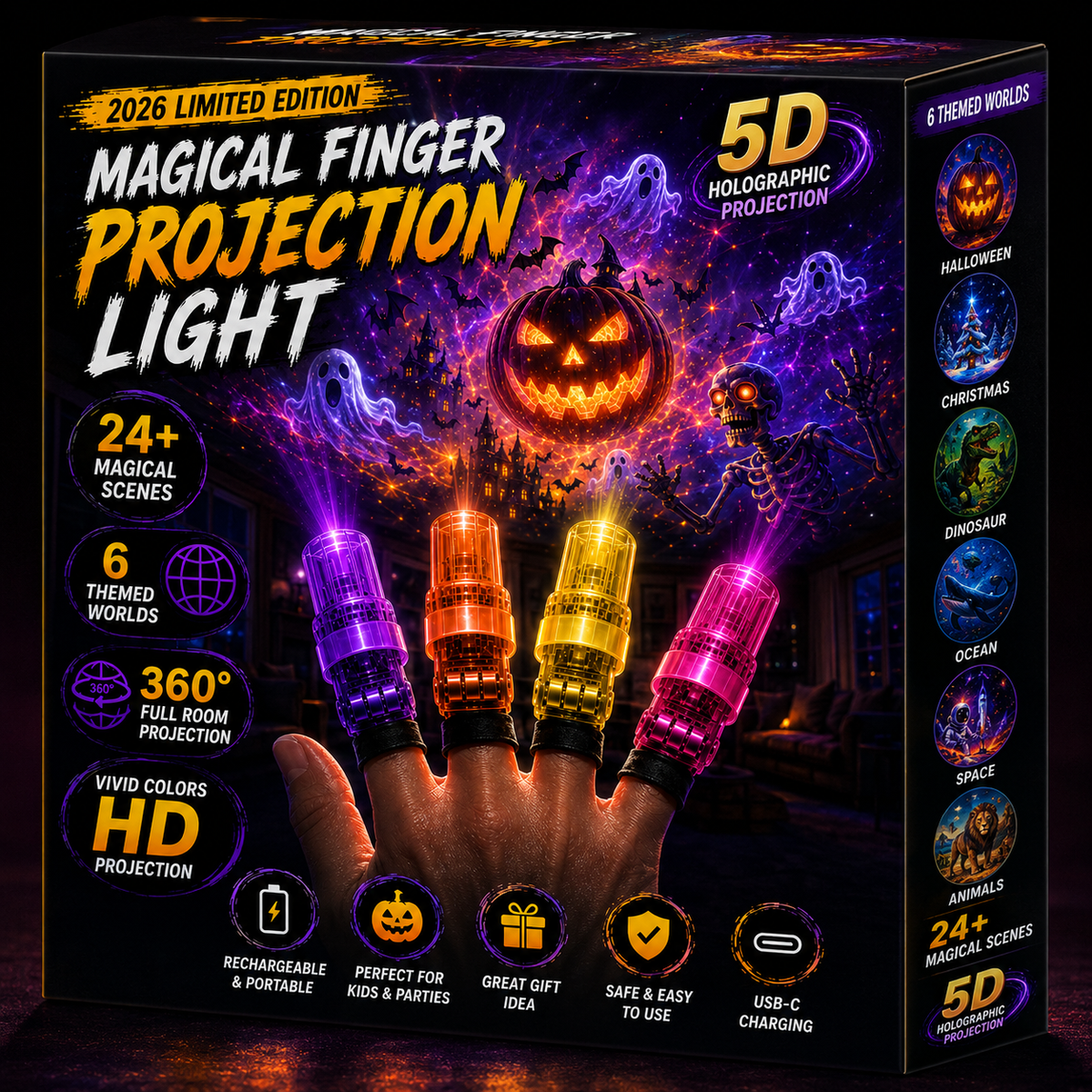 Billhol® 🎃2026 Magic Finger Projection Light-Halloween Limited Edition👻 Create 24+ Immersive Scenes Across 6 Themed Worlds