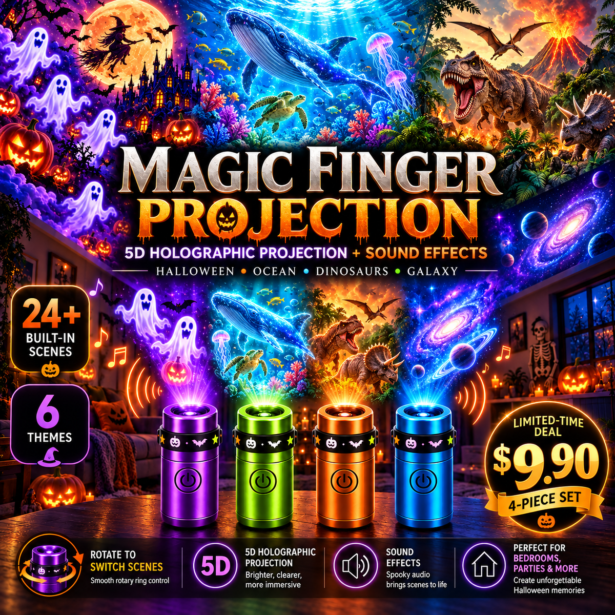 Billhol® 🎃2026 Magic Finger Projection Light-Halloween Limited Edition👻 Create 24+ Immersive Scenes Across 6 Themed Worlds