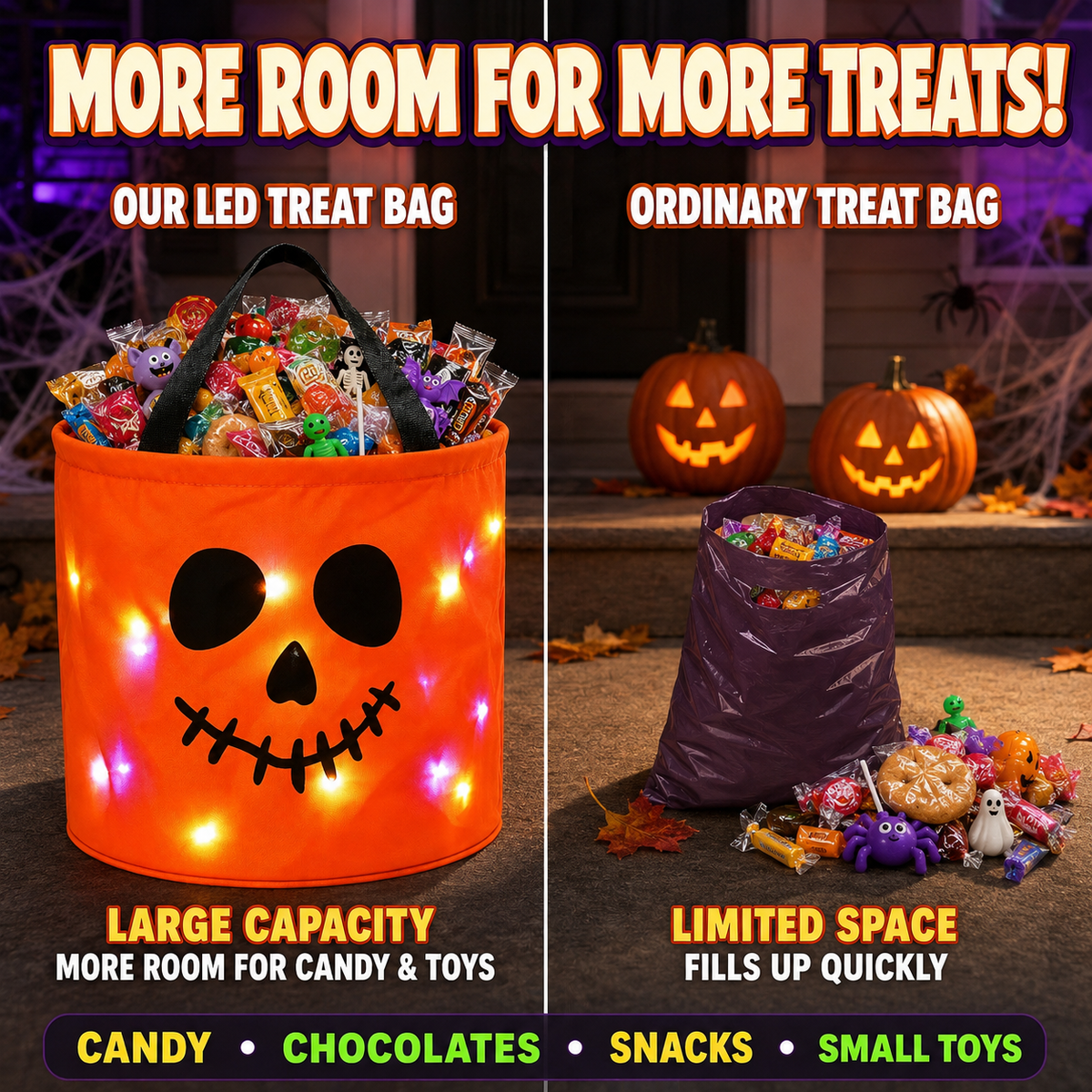BVJ® LED Light-Up Halloween Pumpkin Candy Buckets – Reusable Trick-or-Treat Bags🎃