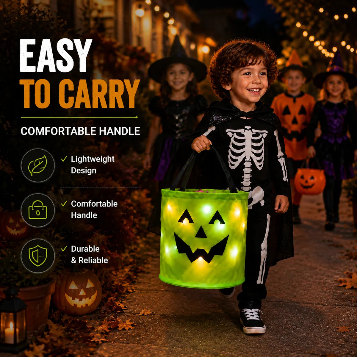 BVJ® LED Light-Up Halloween Pumpkin Candy Buckets – Reusable Trick-or-Treat Bags🎃