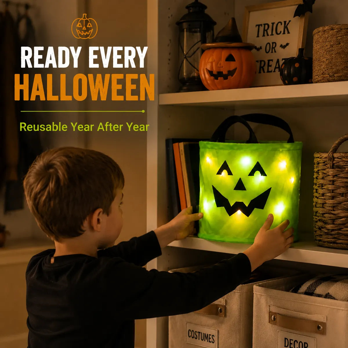 BVJ® LED Light-Up Halloween Pumpkin Candy Buckets – Reusable Trick-or-Treat Bags🎃