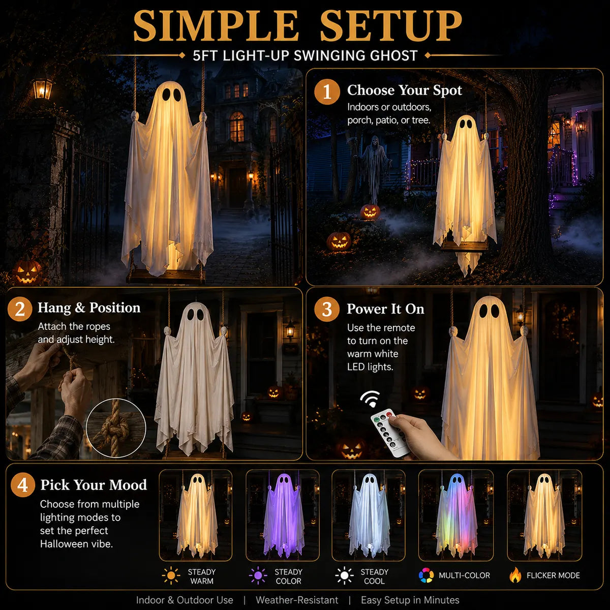 👻BVJ® 5FT Light-Up Swinging Ghost